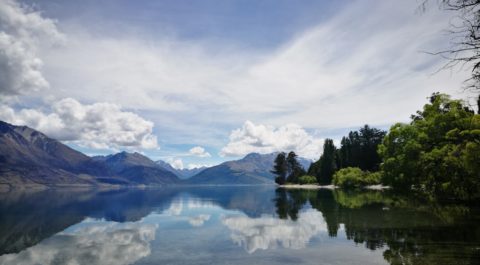 refelction of greenery and mountainous range on a calm lake wakatipu on sunny day