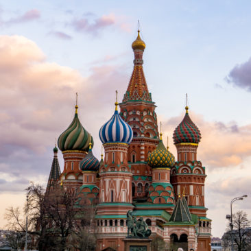 onion-shaped dome of st basil's cathedral in red square moscow near dusk