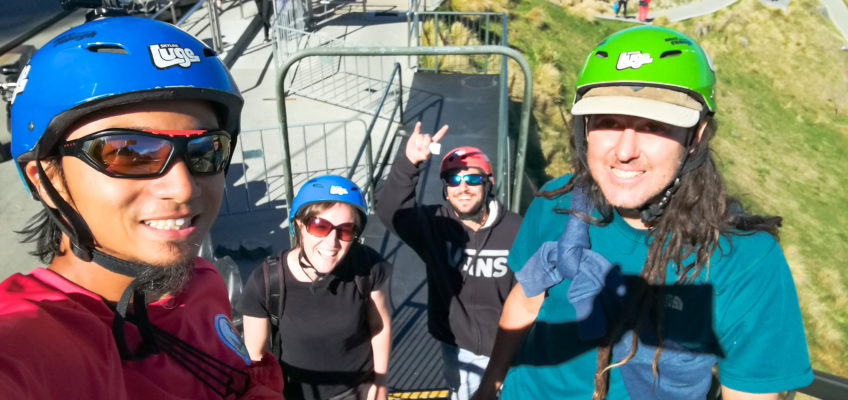 Friends enjoying time together on queenstown luge