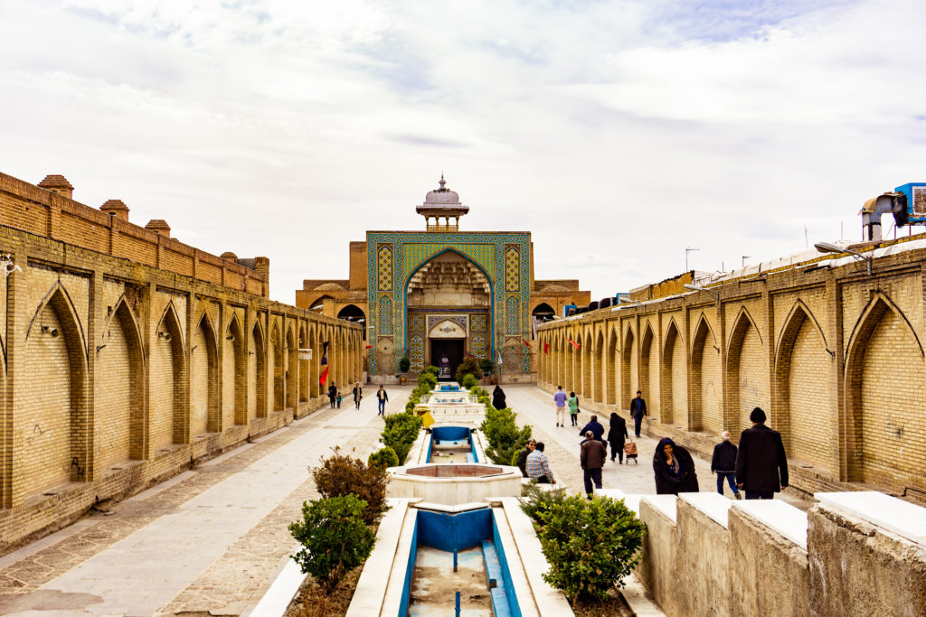 a passage to the entrance of the al-nabi mosque, decorated with a small ponds. qazvins is one of the ciies to visit in Iran